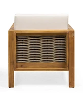 Acacia Wood Club Chair, Wicker Accents, Teak Finish