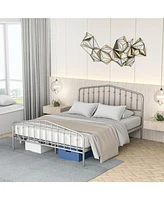 Gymax Queen Size Metal Bed Frame Platform Headboard & Footboard W/Storage Sliver