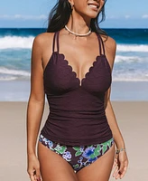 Cupshe Women's Scalloped V Neck Dual Strappy Adjustable Tankini Sets