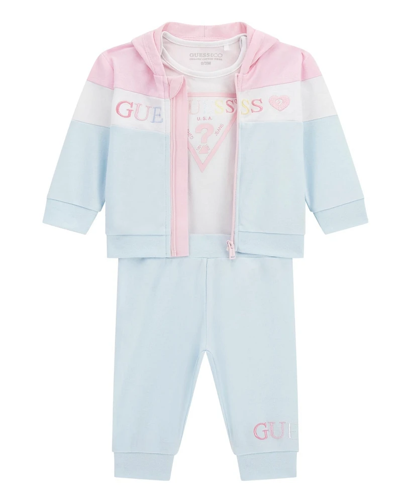 Guess Baby Girls 3-Piece Long Sleeve Zip-Up Colorblocked Sweatshirt, Short Bodysuit, and Pants Set