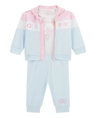 Guess Baby Girls 3-Piece Long Sleeve Zip-Up Colorblocked Sweatshirt, Short Bodysuit, and Pants Set