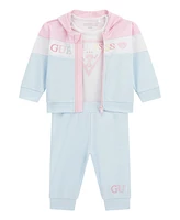 Guess Baby Girls 3-Piece Long Sleeve Zip-Up Colorblocked Sweatshirt, Short Bodysuit, and Pants Set