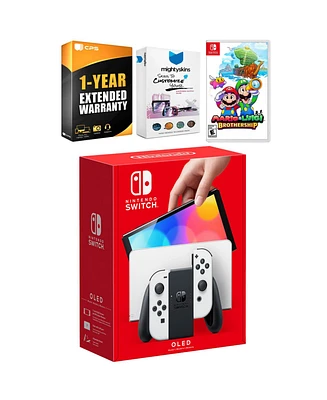 Nintendo Switch White Oled Console with Mario & Luigi: Brothership, MightySkins Console and Controller Skin Voucher