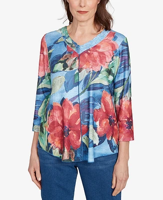 Alfred Dunner Petite El Paso Dramatic V-Neck Floral Top