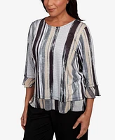 Alfred Dunner Petite Santa Barbara Etched Stripe Bell Sleeve Crew Neck Top