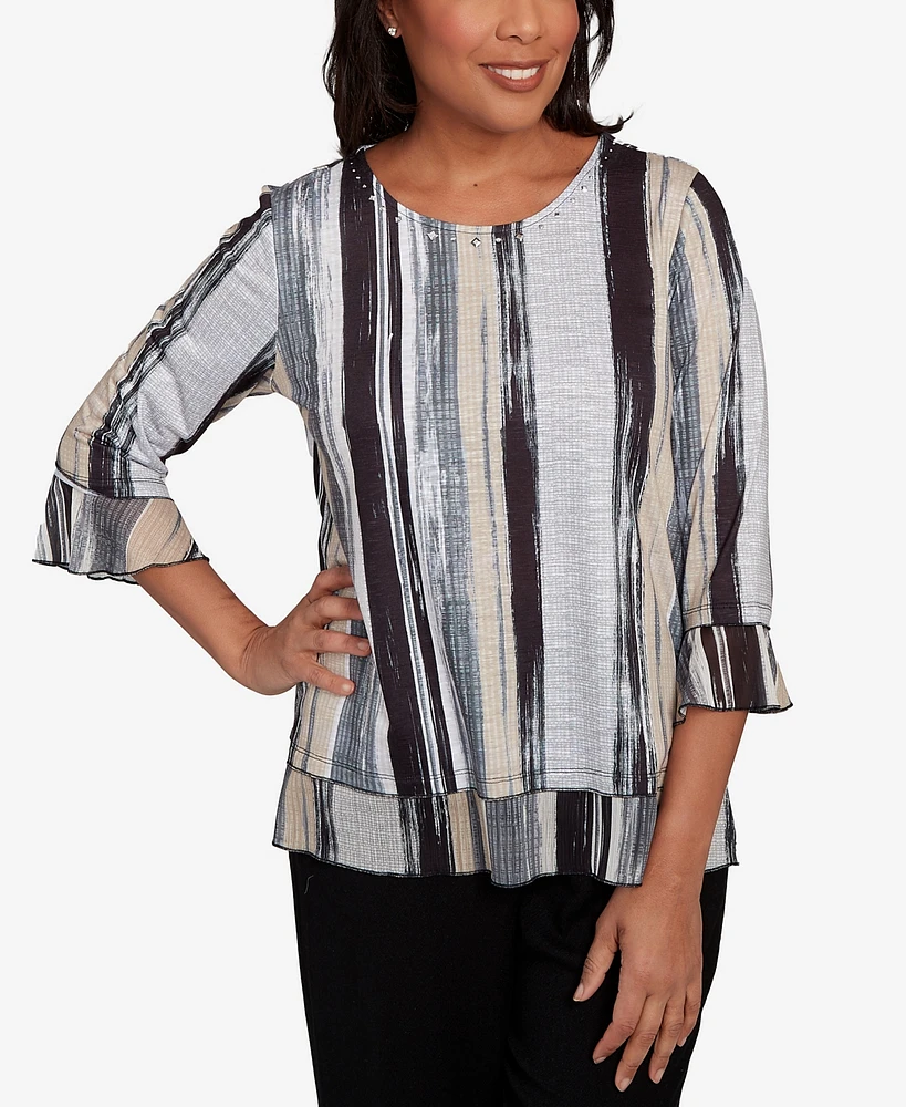Alfred Dunner Petite Santa Barbara Etched Stripe Bell Sleeve Crew Neck Top