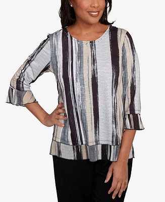 Alfred Dunner Petite Santa Barbara Etched Stripe Bell Sleeve Crew Neck Top