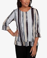 Alfred Dunner Petite Santa Barbara Etched Stripe Bell Sleeve Crew Neck Top