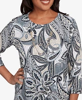 Alfred Dunner Petite Santa Barbara Reversible Paisley Crew Neck Top with Necklace