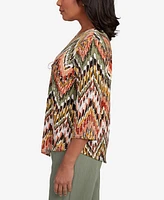 Alfred Dunner Petite Copper Canyon Ikat Chevron Crew Neck Top with Necklace