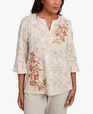 Alfred Dunner Petite Copper Canyon Printed Floral Bell Sleeve Embroidered Top