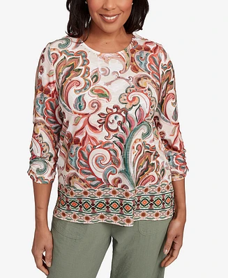 Alfred Dunner Petite Copper Canyon Textured Scroll Border Ruched Sleeves Crew Neck Top