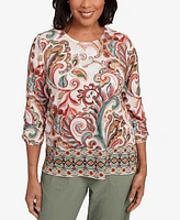 Alfred Dunner Petite Copper Canyon Textured Scroll Border Ruched Sleeves Crew Neck Top