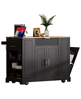 Fluted Kitchen Island Cart: Trash Storage, Power, Drawers