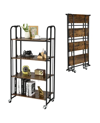 Folding Kitchen Utility Serving Island Cart with Storage Shelves
