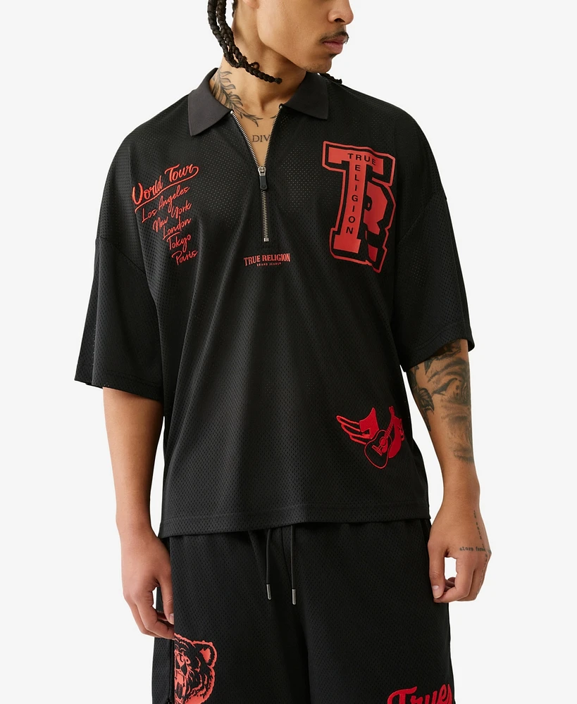 True Religion Men's Short Sleeve Oversized Mesh Polo Shirt