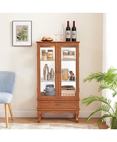 Lighted Glass Cabinet Glass Wine Cabinet Curio Display Cabinet with Adjustable Glass Shelves 2 Doors and 1 drawer Cabinet Bulb Included Oak
