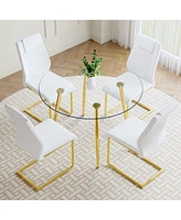 Glass Table & 4 Leather Chairs - Modern Gold Accent