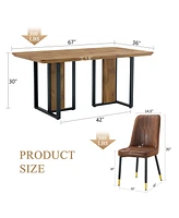 Wood-Textured Mdf Dining Set: 67" Table and 4 Brown Suede Chairs