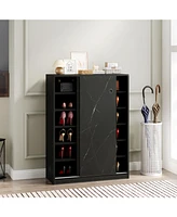 Marble black shoe cabient with sliding door have 6 layers can storage at least30 pairs shoes