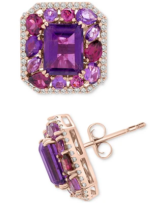 Amethyst (6-1/5 ct. t.w.), Rose de France Amethyst (1-5/8 ct. t.w.) & Diamond (1/2 ct. t.w.) Halo Stud Earrings in 14k Rose Gold