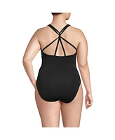 Lands' End Plus Tugless QuickDry V-Neck Multi-Way High Leg One Piece Swimsuit