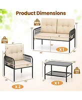 4 Pcs Patio Furniture Set with Loveseat Tempered Glass Coffee Table & Soft Cushions