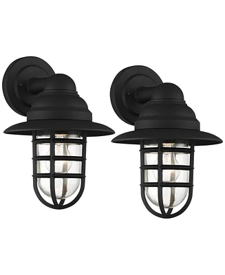 Marlowe Rustic Industrial Nautical Outdoor Wall Light Fixtures Set of 2 Black Hooded Cage 13" Clear Glass for Post Exterior Barn Deck House Home