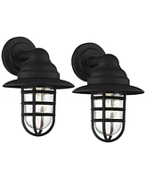 Marlowe Rustic Industrial Nautical Outdoor Wall Light Fixtures Set of 2 Black Hooded Cage 13" Clear Glass for Post Exterior Barn Deck House Home