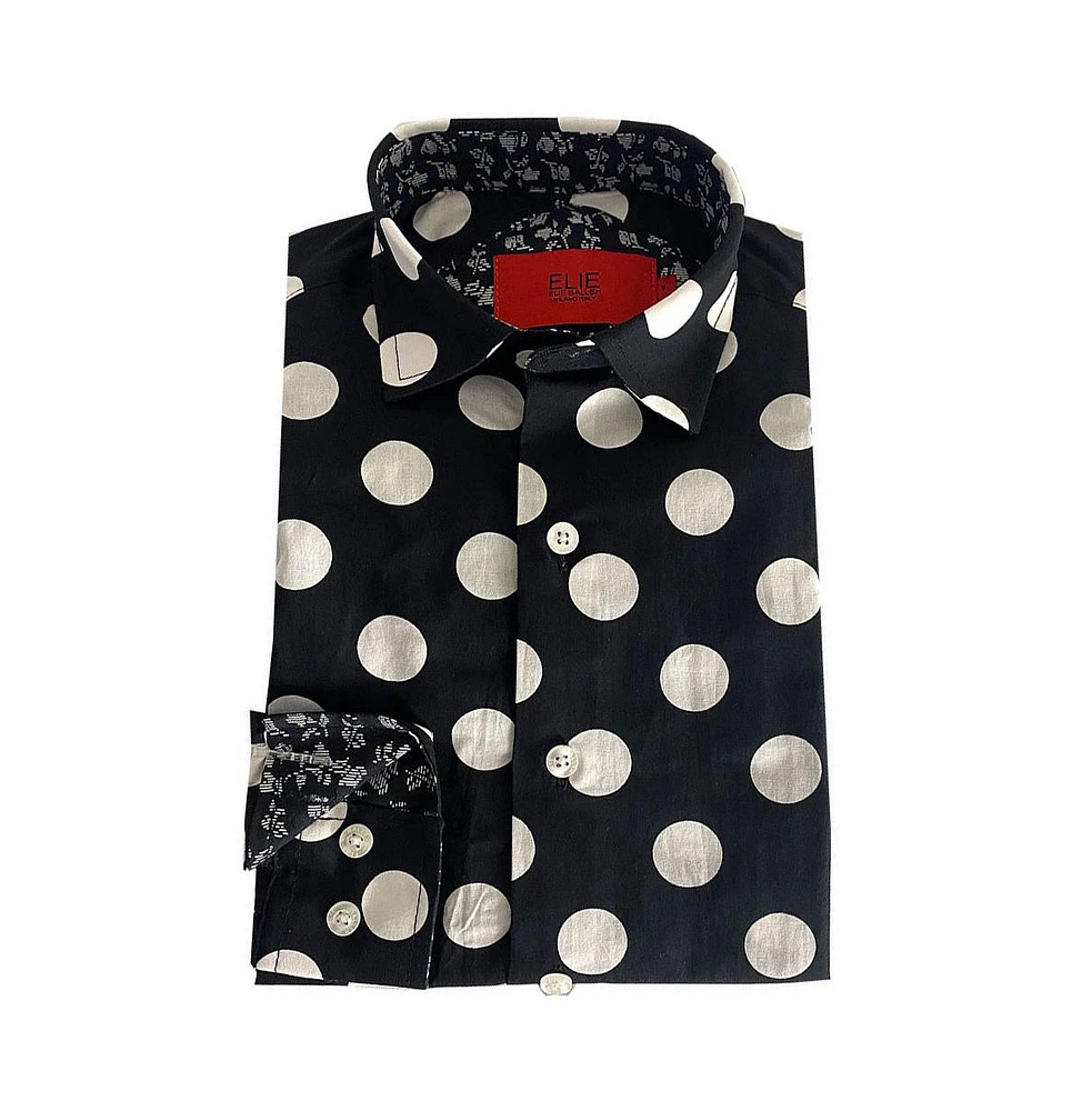 Elie Balleh Little Boys Black Long Sleeve Navy Polka Dot Slim Fit Shirt