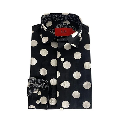 Elie Balleh Little Boys Black Long Sleeve Navy Polka Dot Slim Fit Shirt