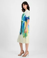 T Tahari Women's Pleated-Skirt Brushstroke-Print Belted Dress