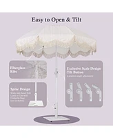 LAGarde Pack 6Ft Fringe Patio Umbrella with Push Button Tilt Carry Bag UV30+ Outdoor Yard Lawn Yard Party Purple Stripe