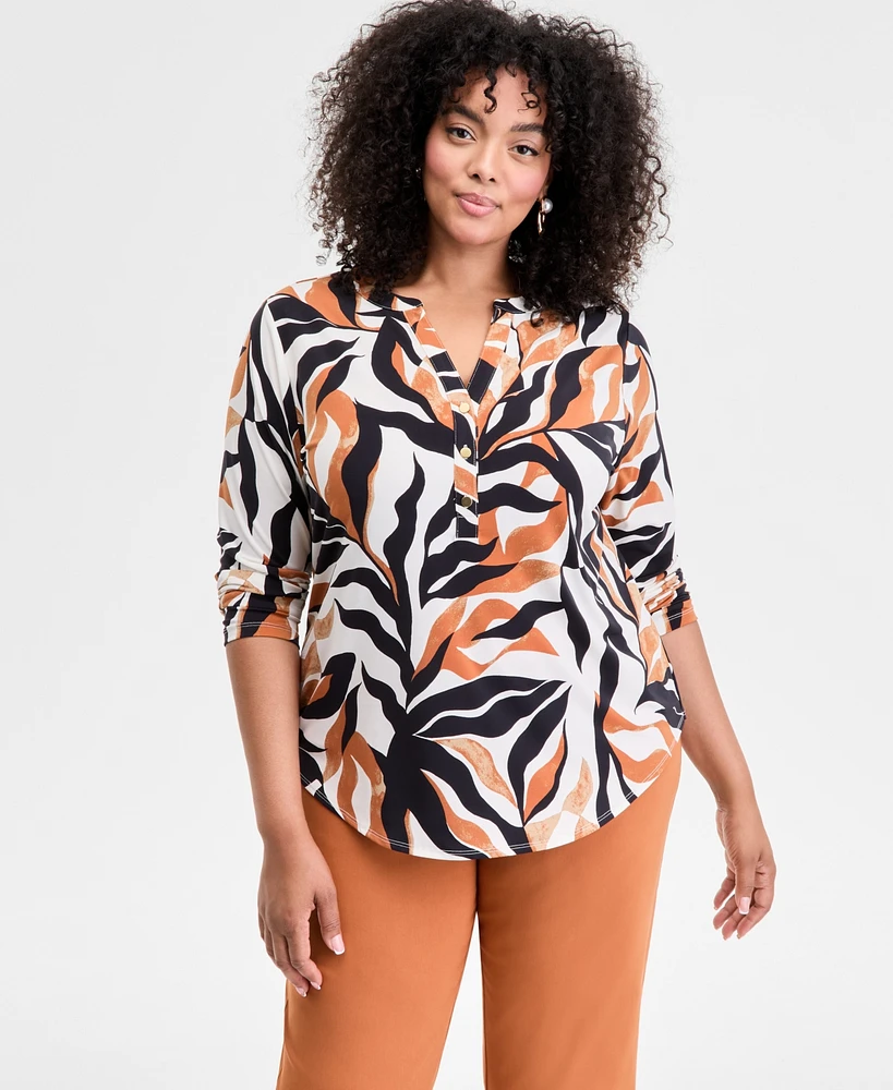 I.n.c. International Concepts Plus Printed V-Neck Top, Exclusively at Macy's