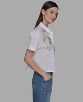 Karl Lagerfeld Paris Petite Cotton Embroidered Studded Blouse