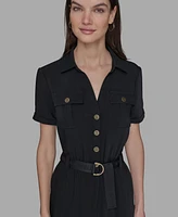 Karl Lagerfeld Paris Petite Belted Short-Sleeve Button-Front Jumpsuit