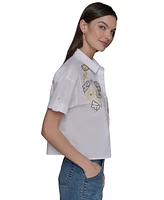 Karl Lagerfeld Paris Women's Embroidered Floral Camp Shirt