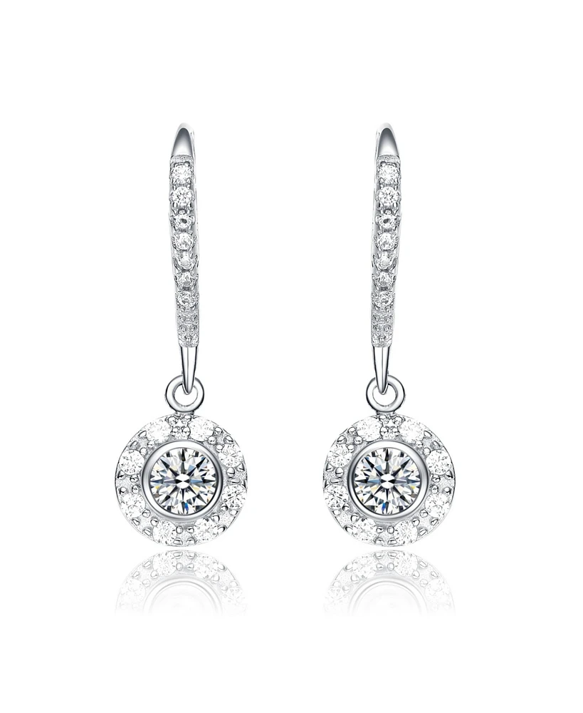 Sterling Silver White Gold Plating with Clear Cubic Zirconia Round Drop Earrings