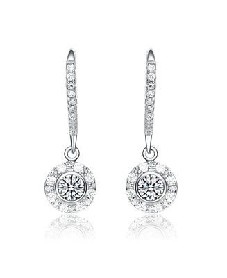 Sterling Silver White Gold Plating with Clear Cubic Zirconia Round Drop Earrings