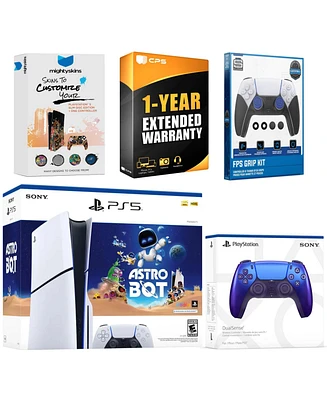 Sony PlayStation 5 Slim Disc Astro Bot Bundle with Extra Chroma Indigo Controller, Fps Grip Kit, MightySkins Code and 1 Year Extended Warranty