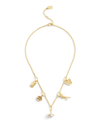 Coach Faux Stone Signature Heritage Cultivated Pearl Mixed Charm Bib Necklace