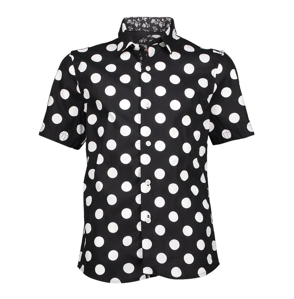 Elie Balleh Big Boys Black Short Sleeve Navy Polka Dot Slim Fit Shirt