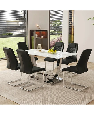 Modern Glass Dining Set: Marble Table & 6 Black Pu Chairs