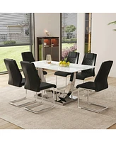Modern Glass Dining Set: Marble Table & 6 Black Pu Chairs