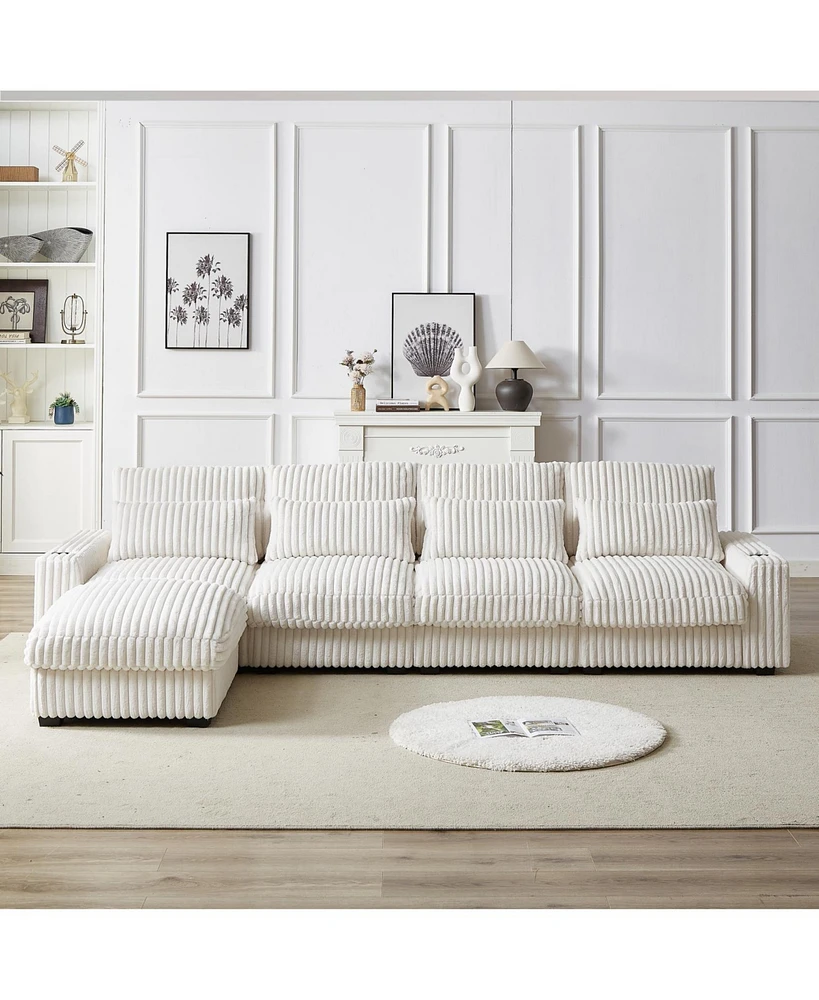 126" Corduroy L-Shaped Sofa w/ Cup Holder, Usb