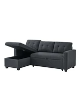 Upholstered Pull Out Sectional Sofa with Storage Chaise, Convertible Corner Couch, Dark Grey
