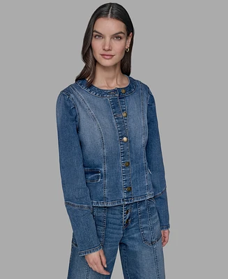 Karl Lagerfeld Paris Petite Crewneck Button-Front Denim Jacket
