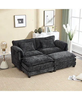 Plush Chenille Sofa with Detachable Armrests, Footstools and Side Pockets