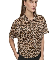 Dkny Petite Printed Short-Sleeve Button-Front Shirt