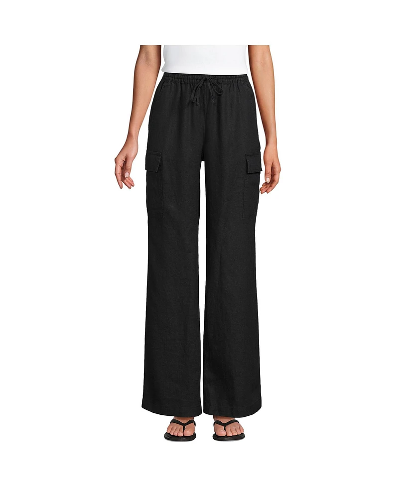 Lands' End Women's Linen High Rise Elastic Back Wide Leg Cargo Pants